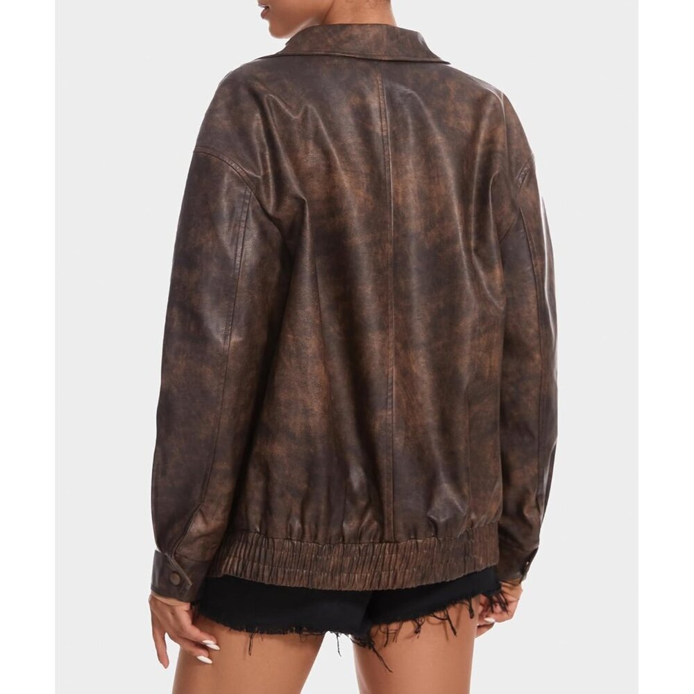 Women's Brown Faux Leather Jacket Oversized Motorcycle Zipper Bomber Coats - Picture 4 of 6